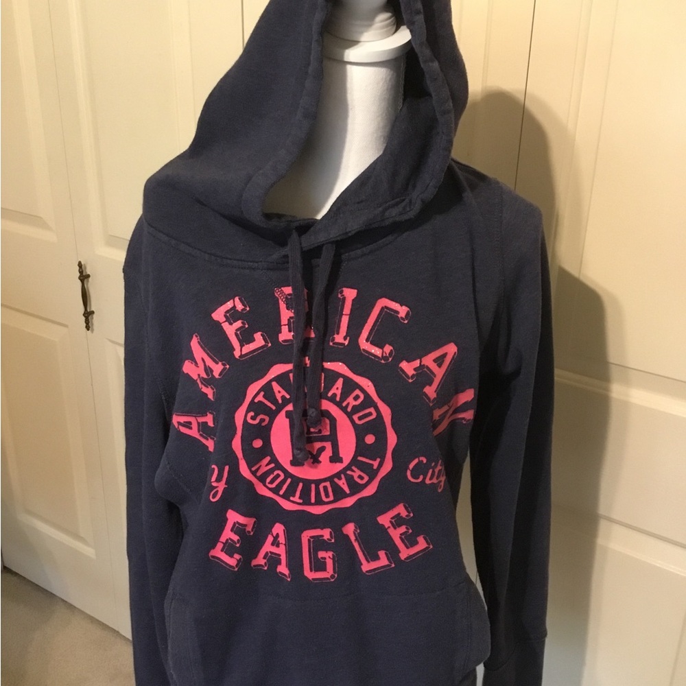 AMERICAN EAGLE HOODIE SIZE XL HEATHERED BLUE WITH GLITTER PINK LOGO